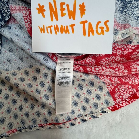 Chico's Women Mixed Print Cold Shoulder Tie-Neck Blouse Top Size 3 Red/Blue NWOT - Picture 4 of 9